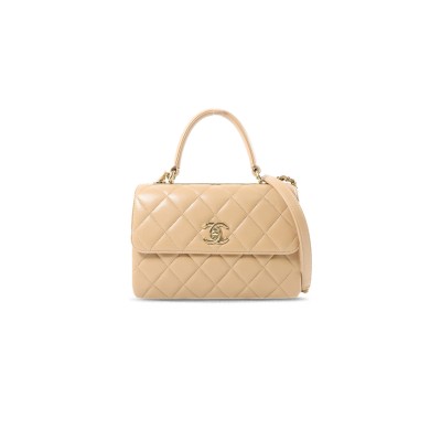 CHANEL COWHIDE LEATHER CHAIN SHOULDER GOLD BUCKLE HANDLE SHOULDER BAG BEIGE  (25*17*9cm)